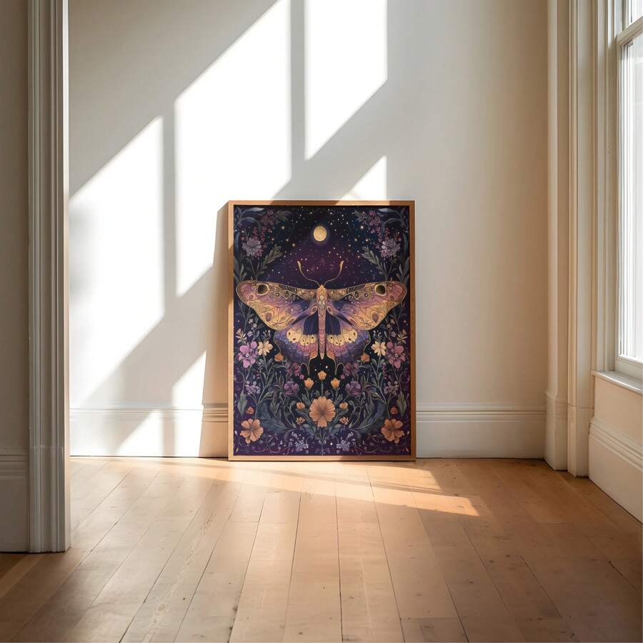 Small framed mystical moth wall art displayed in sunlit cream interior