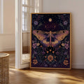 Vintage moth canvas poster with stars and flowers in neutral room