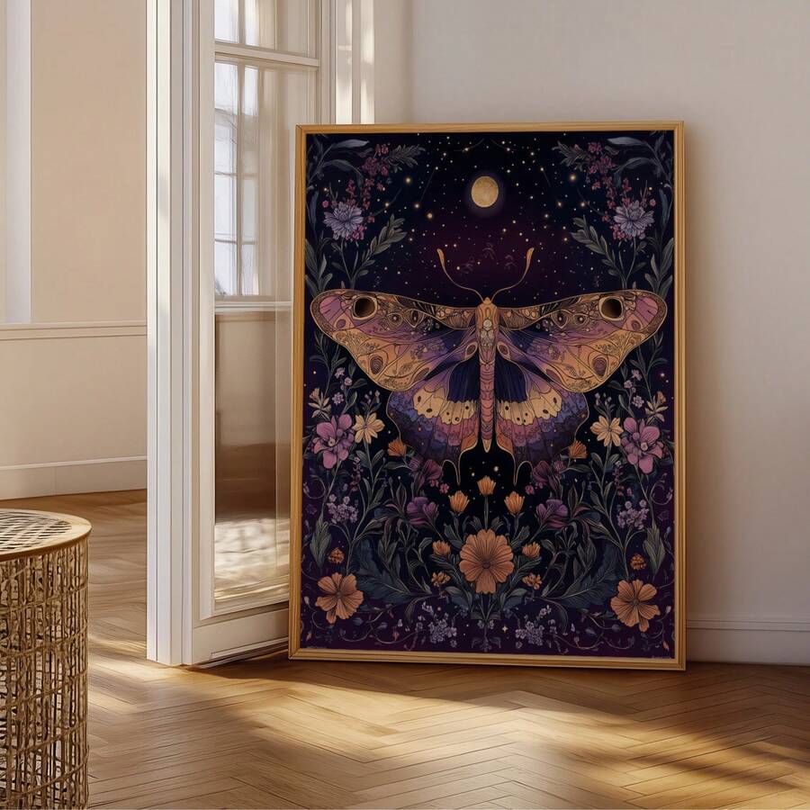 Vintage moth canvas poster with stars and flowers in neutral room