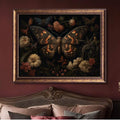 Vintage butterfly print shown above sofa as ornate framed canvas