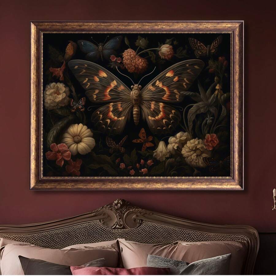 Vintage butterfly print shown above sofa as ornate framed canvas