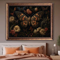 Gothic botanical wall art with black background and warm floral colors