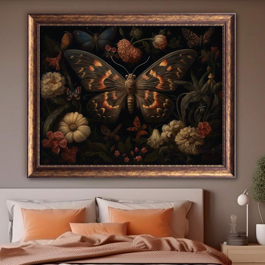 Gothic botanical wall art with black background and warm floral colors