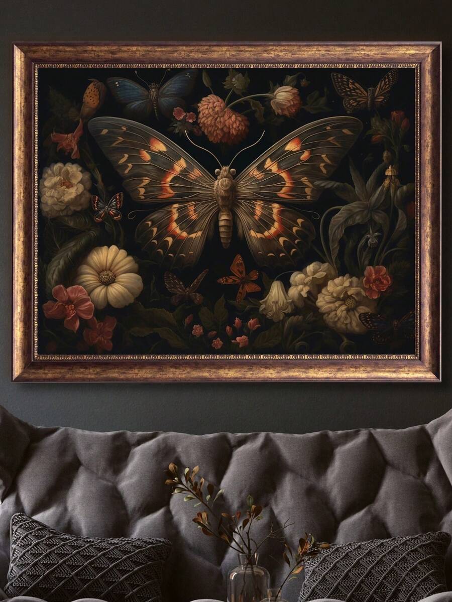 Dark floral wall art with giant butterfly moth and antique gold tones