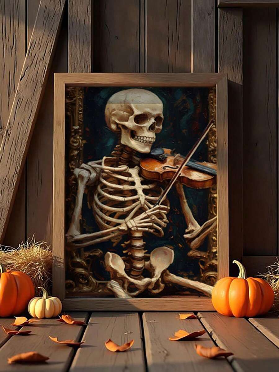 Gothic skeleton playing violin canvas art with ornate vintage backdrop
