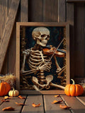 Skeleton violin wall art shown in dark academia style for music room decor