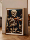Framed gothic canvas print with skeleton musician and warm antique colors