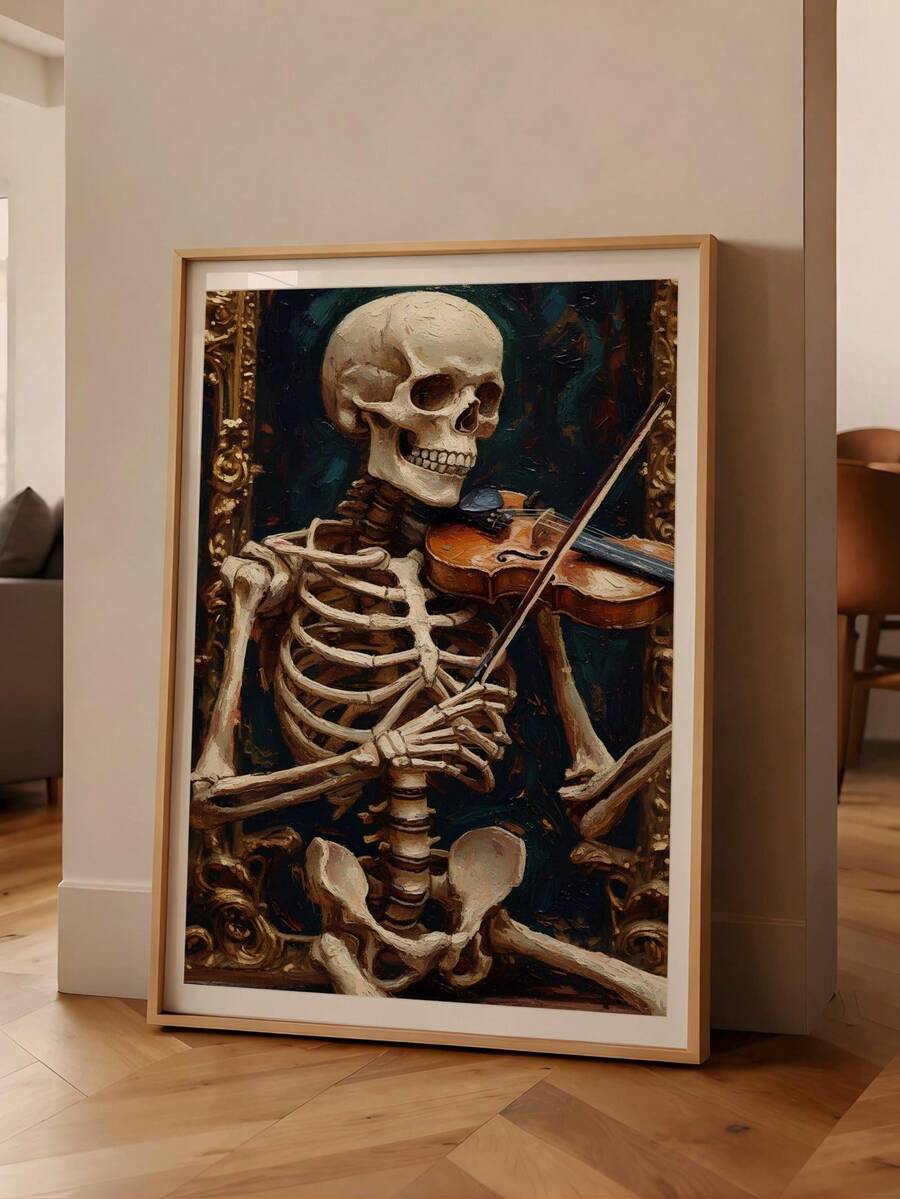 Framed gothic canvas print with skeleton musician and warm antique colors