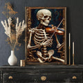 Dark academia skeleton art print shown with framed display option