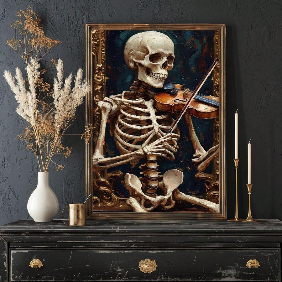 Dark academia skeleton art print shown with framed display option