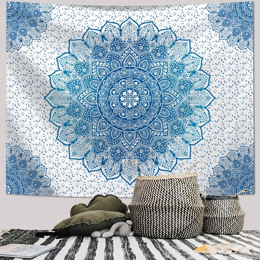 Blue mandala tapestry with floral medallion pattern and star dot background