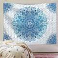 Blue mandala tapestry with floral medallion pattern and star dot background