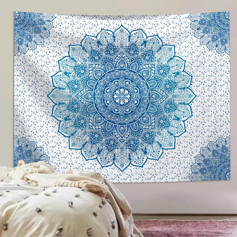 Blue mandala tapestry with floral medallion pattern and star dot background
