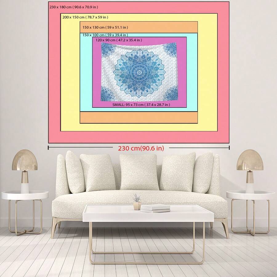 Large fabric wall hanging with corner mandala repeats and soft drape