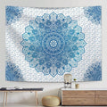 Mandala tapestry shown over sofa as blue white fabric wall art