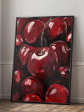 Cherry oil painting poster with large glossy red fruit close up