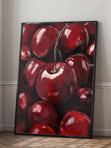 Cherry oil painting poster with large glossy red fruit close up