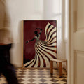 Flowing dress print in hallway scale mockup with abstract dancer figure and warm wood frame