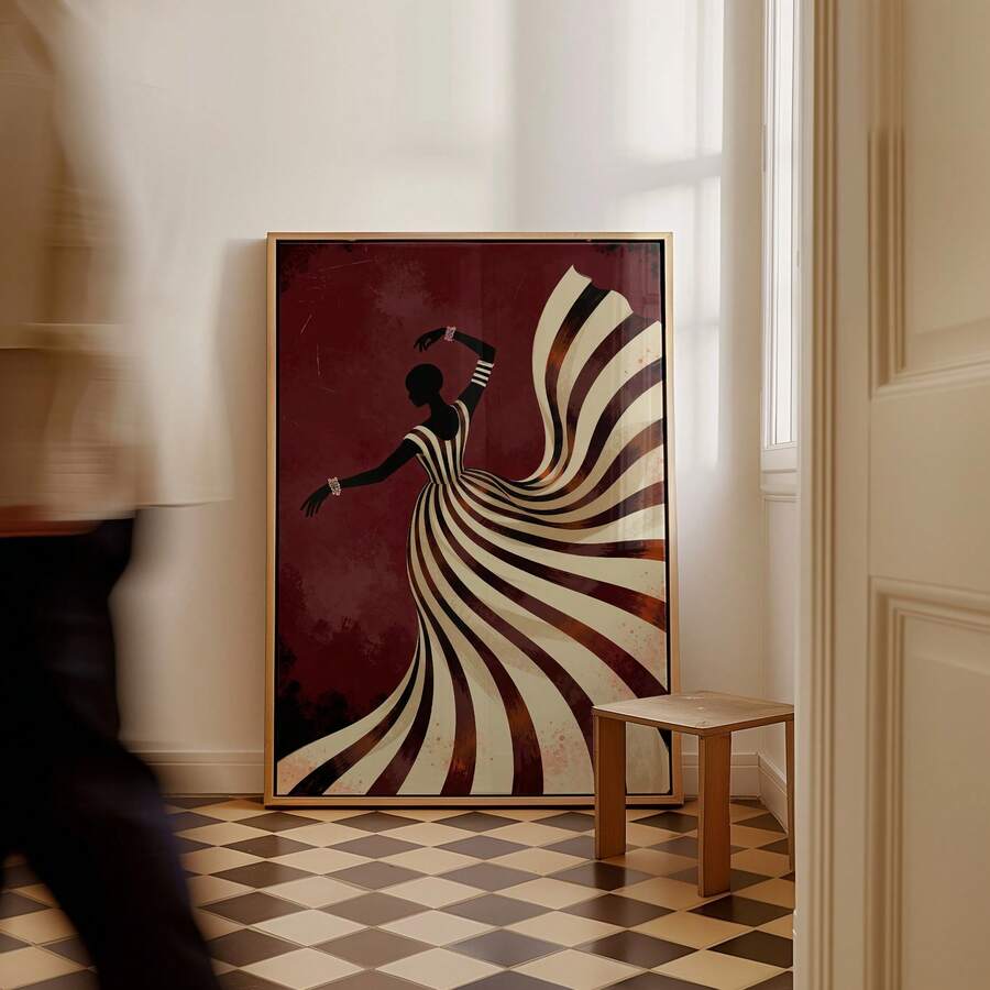 Flowing dress print in hallway scale mockup with abstract dancer figure and warm wood frame