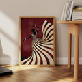 Feminine wall decor above desk with striped dress silhouette and warm home office styling