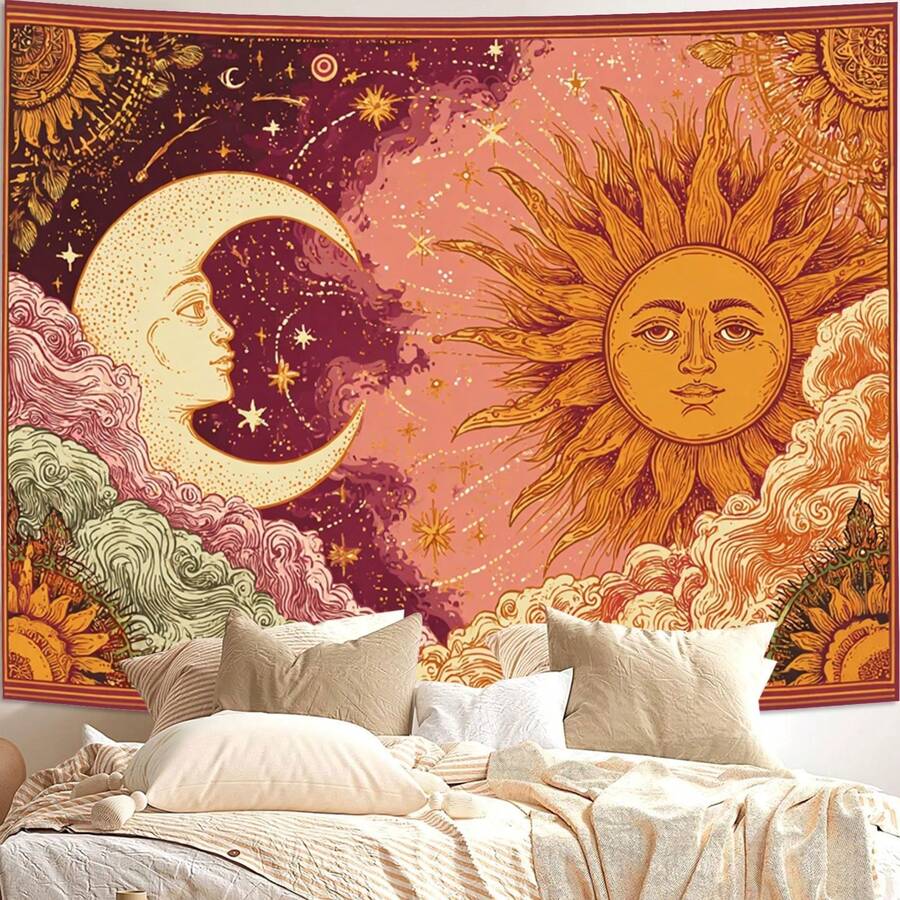 Vintage sun moon tapestry with stars and clouds