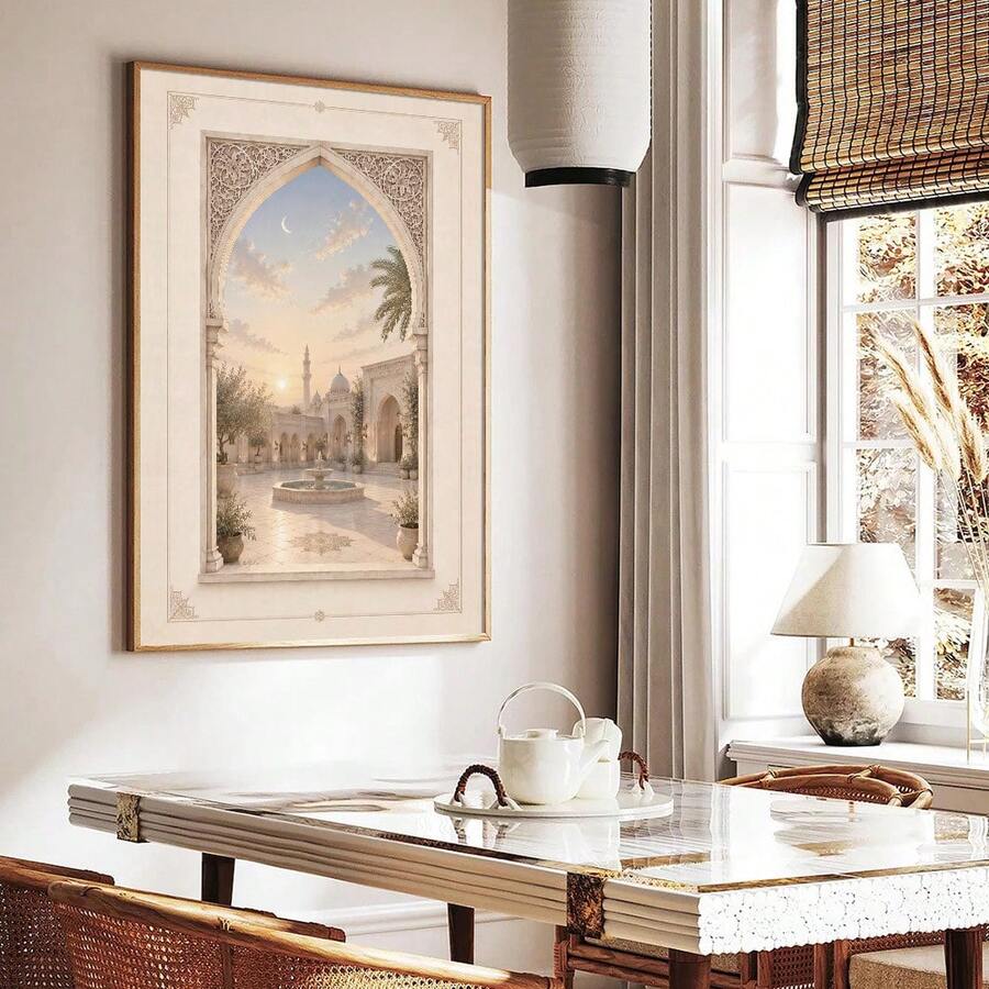 Wood framed archway artwork beside a dining window showing a fountain palm dome and minaret