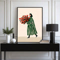 Boho framed floral wall decor showing woman holding bouquet in painterly minimalist illustration
