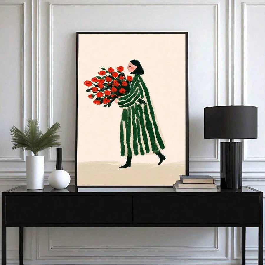 Boho framed floral wall decor showing woman holding bouquet in painterly minimalist illustration