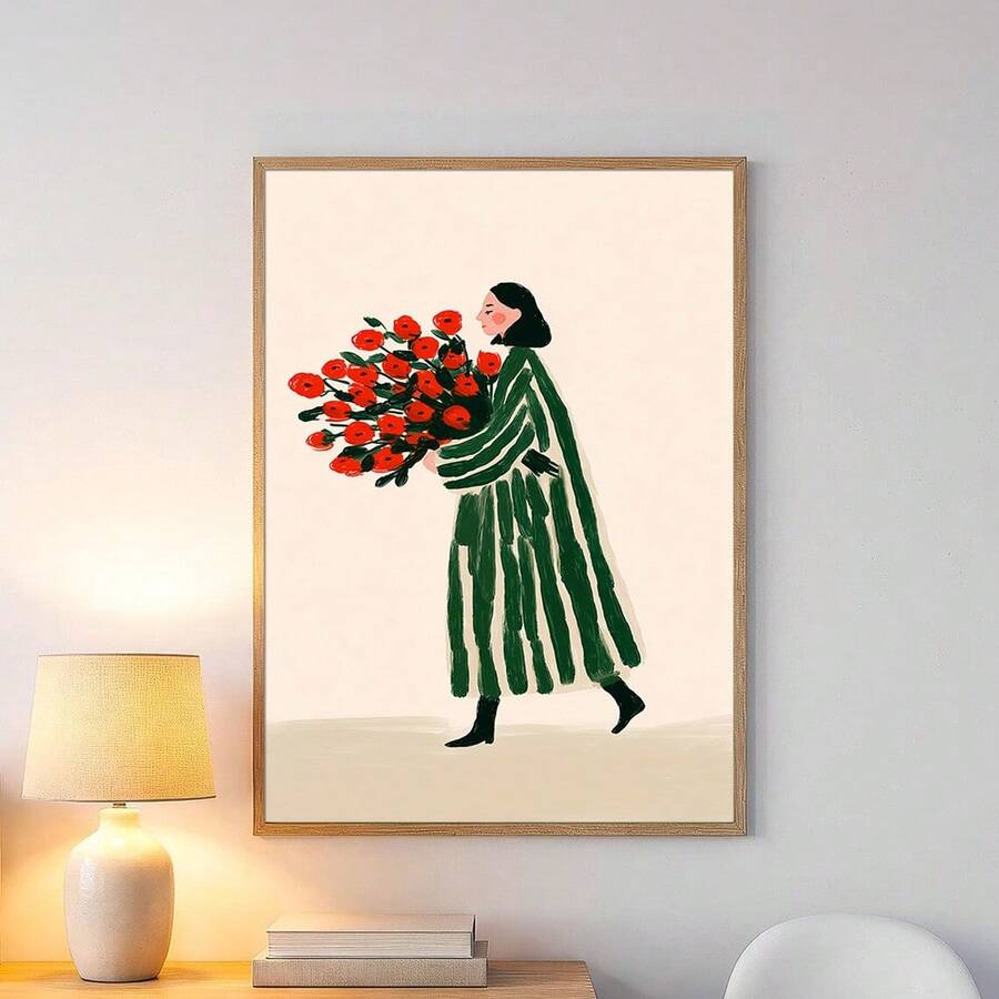 Minimal botanical fashion print with red flowers black boots and deep green coat for bedroom decor