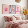 Pink high heels canvas set above blush bed