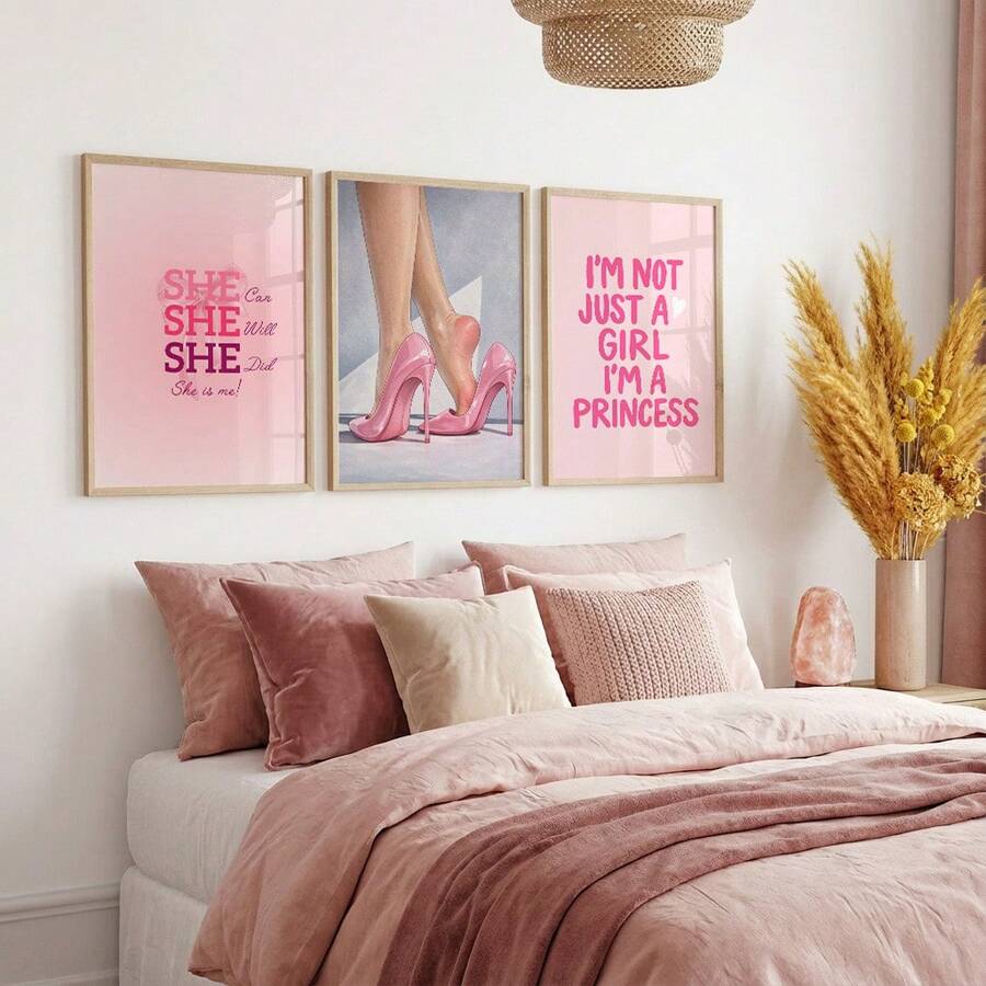 Pink high heels canvas set above blush bed