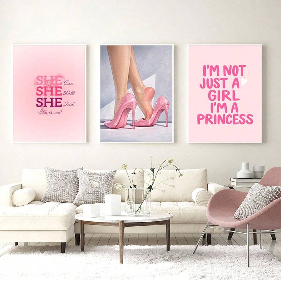 Preppy pink wall art set above cream sofa