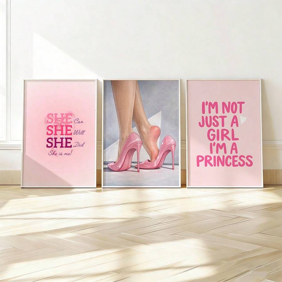 Three pink preppy quote canvas prints on floor