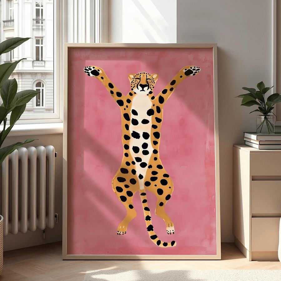 Quirky wall art close view showing bold pink wildlife illustration and frame option
