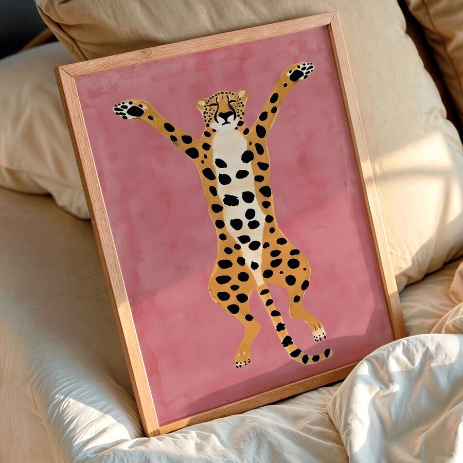 Safari decor poster with playful spotted cat art and natural wood frame