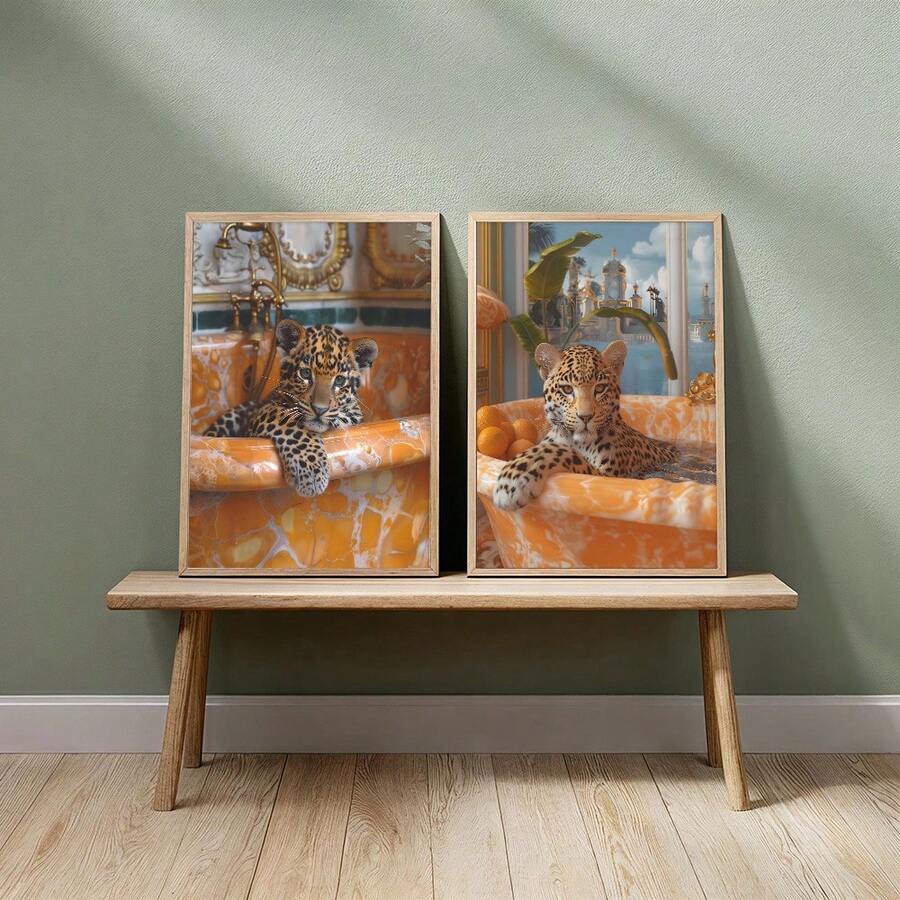 Leopard bathtub canvas prints on pink paneled wall