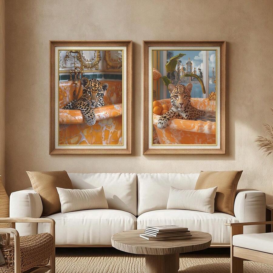 Leopard bathtub canvas pair above sofa