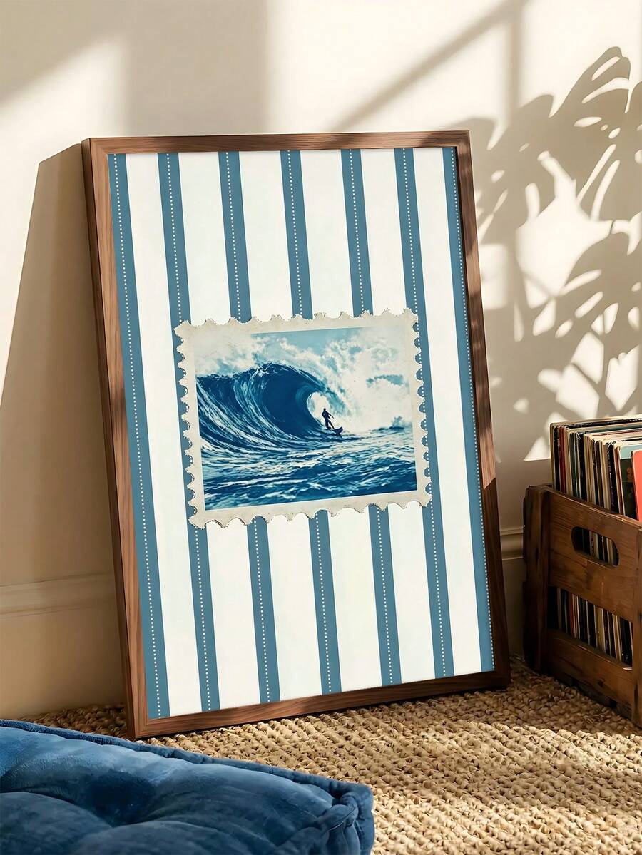 East coast postcard wall art with blue stripes and script text