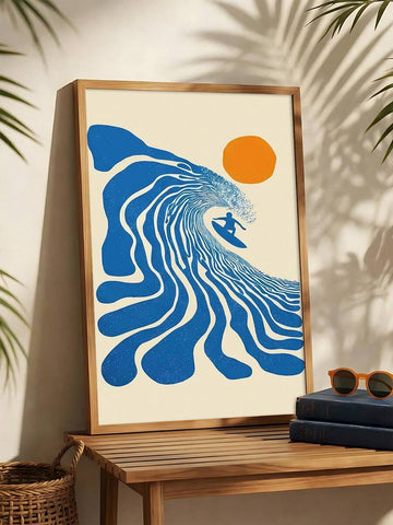 Vintage surf poster with blue abstract wave and orange sun