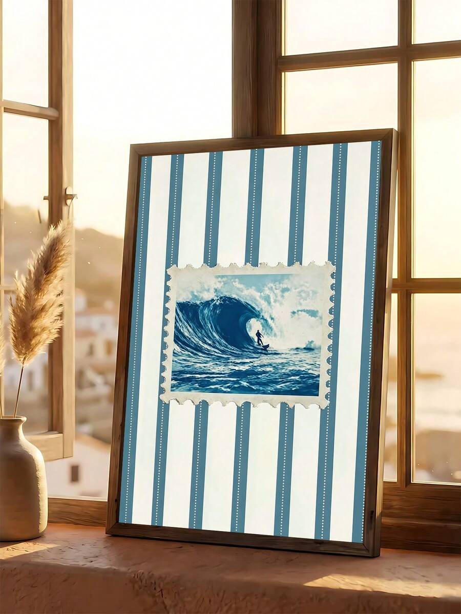 Framed vintage surf art print in bright coastal room
