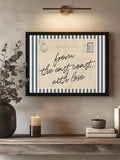 Retro beach poster leaning on wood floor near chair