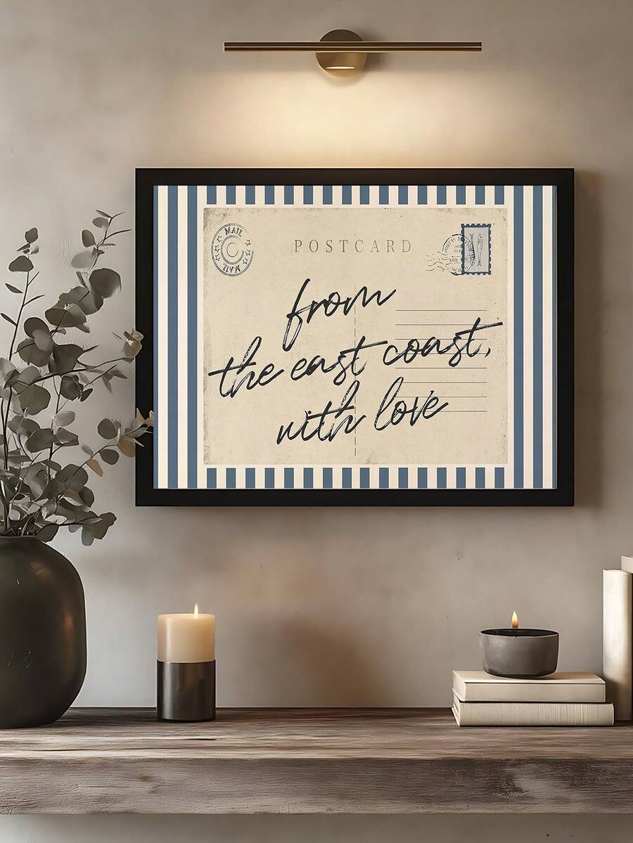 Retro beach poster leaning on wood floor near chair