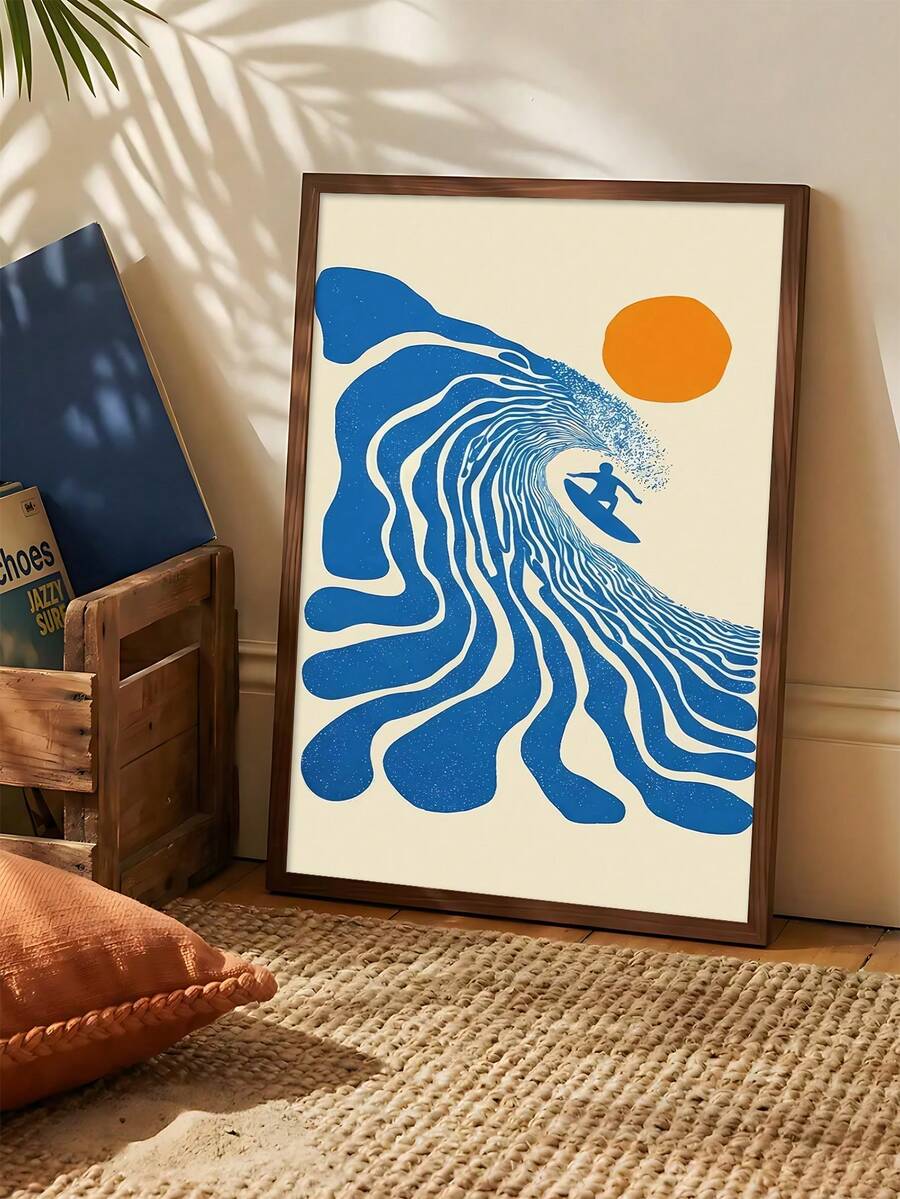 Coastal beach canvas showing surfer inside blue wave