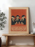 Dark academia wall art display with skeleton men poster and textured vintage border