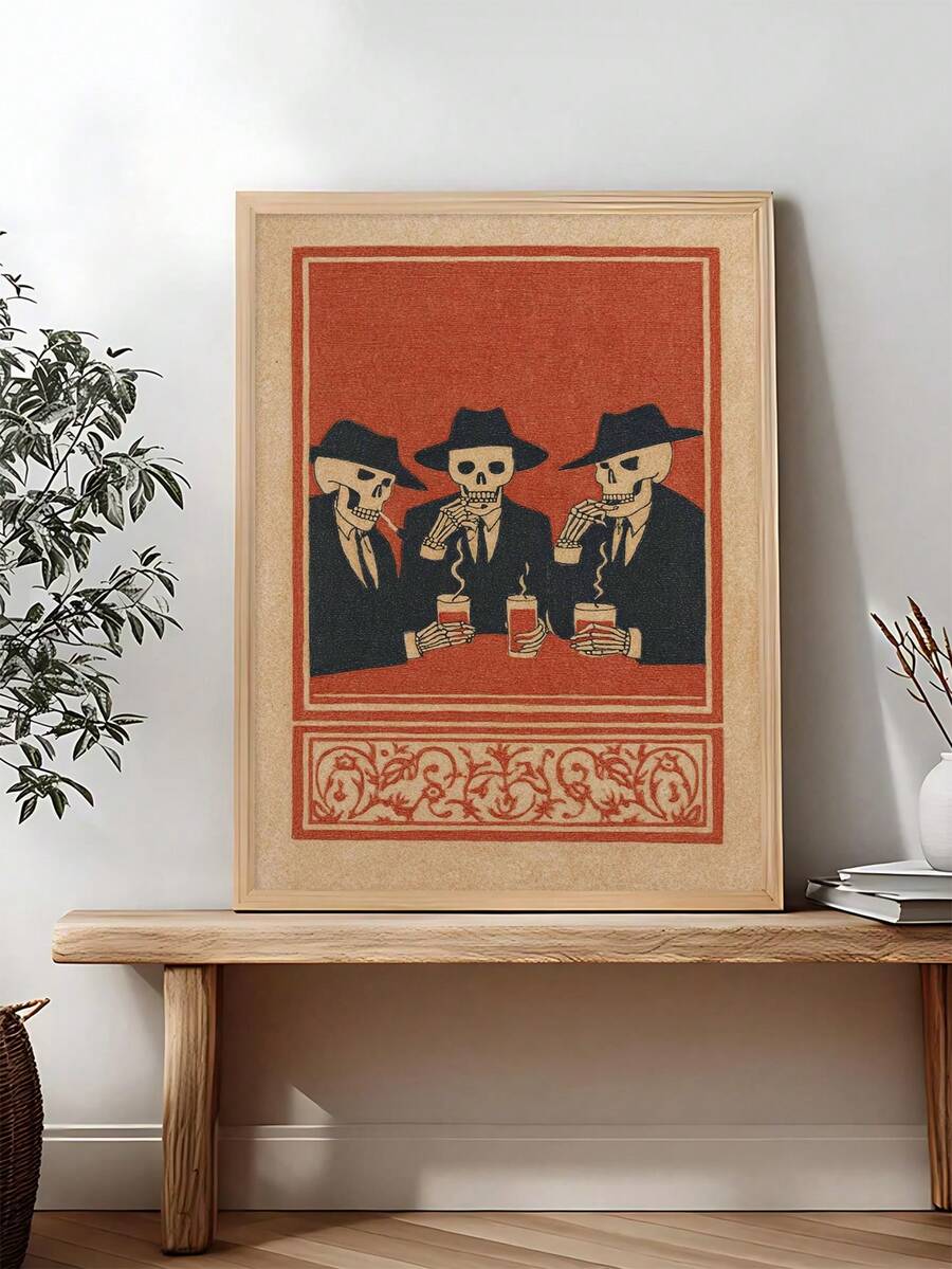 Dark academia wall art display with skeleton men poster and textured vintage border