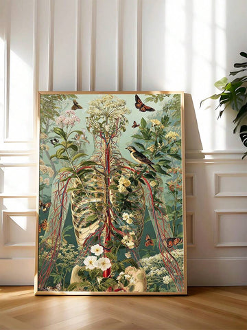 Skeleton wall art with botanical rib cage illustration flowers butterflies and sage green background