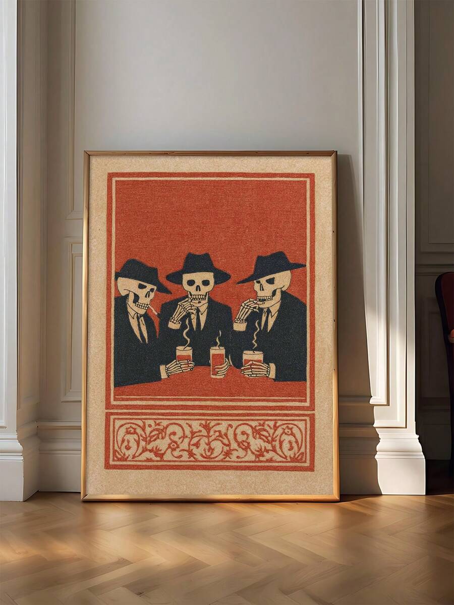 Vintage skeleton poster lifestyle mockup with suited skeleton trio and gold wood frame