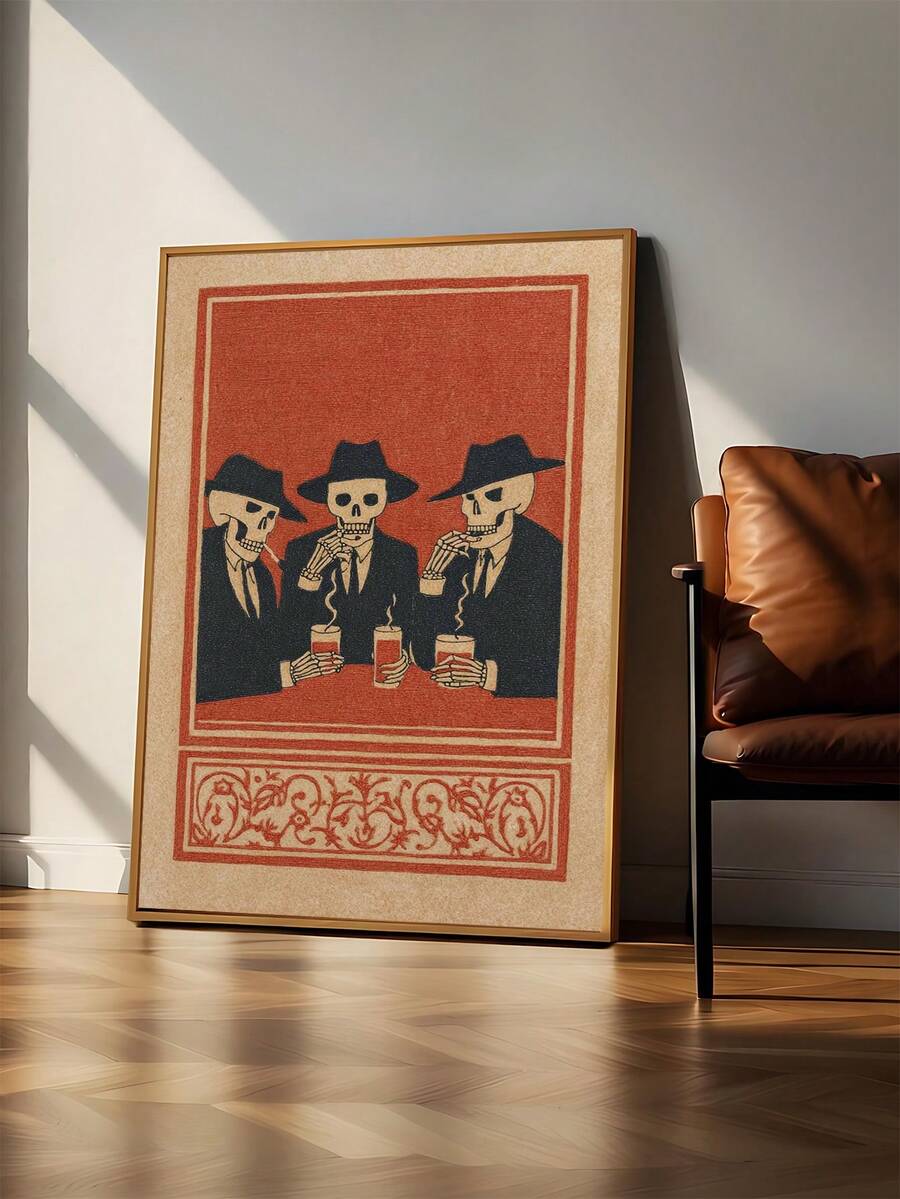 Gothic wall decor showing three skeleton men in suits smoking and drinking on terracotta poster