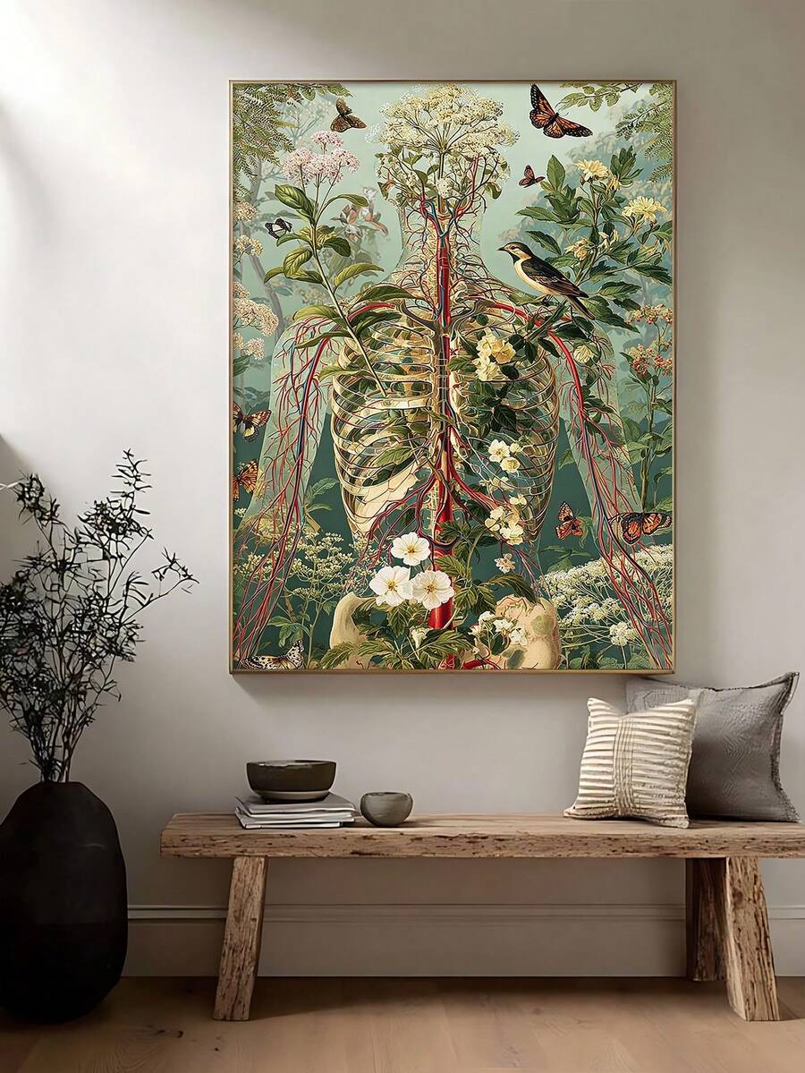 Skeleton wall art with botanical rib cage illustration flowers butterflies and sage green background