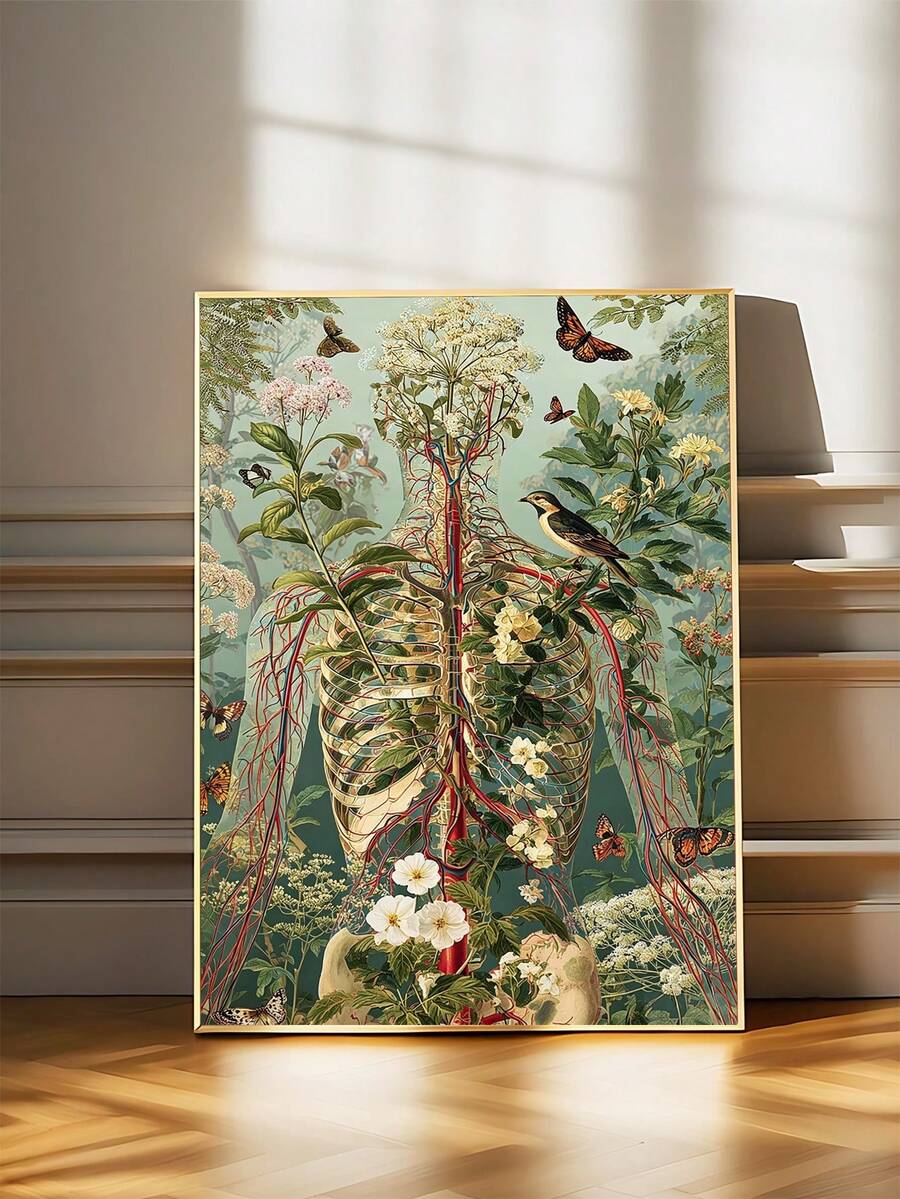 Botanical anatomy print wall mockup with cream skeleton torso flowers and bird details
